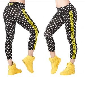 Zumba Happiness Hustler Crop Leggings Stars Print Black White Yellow